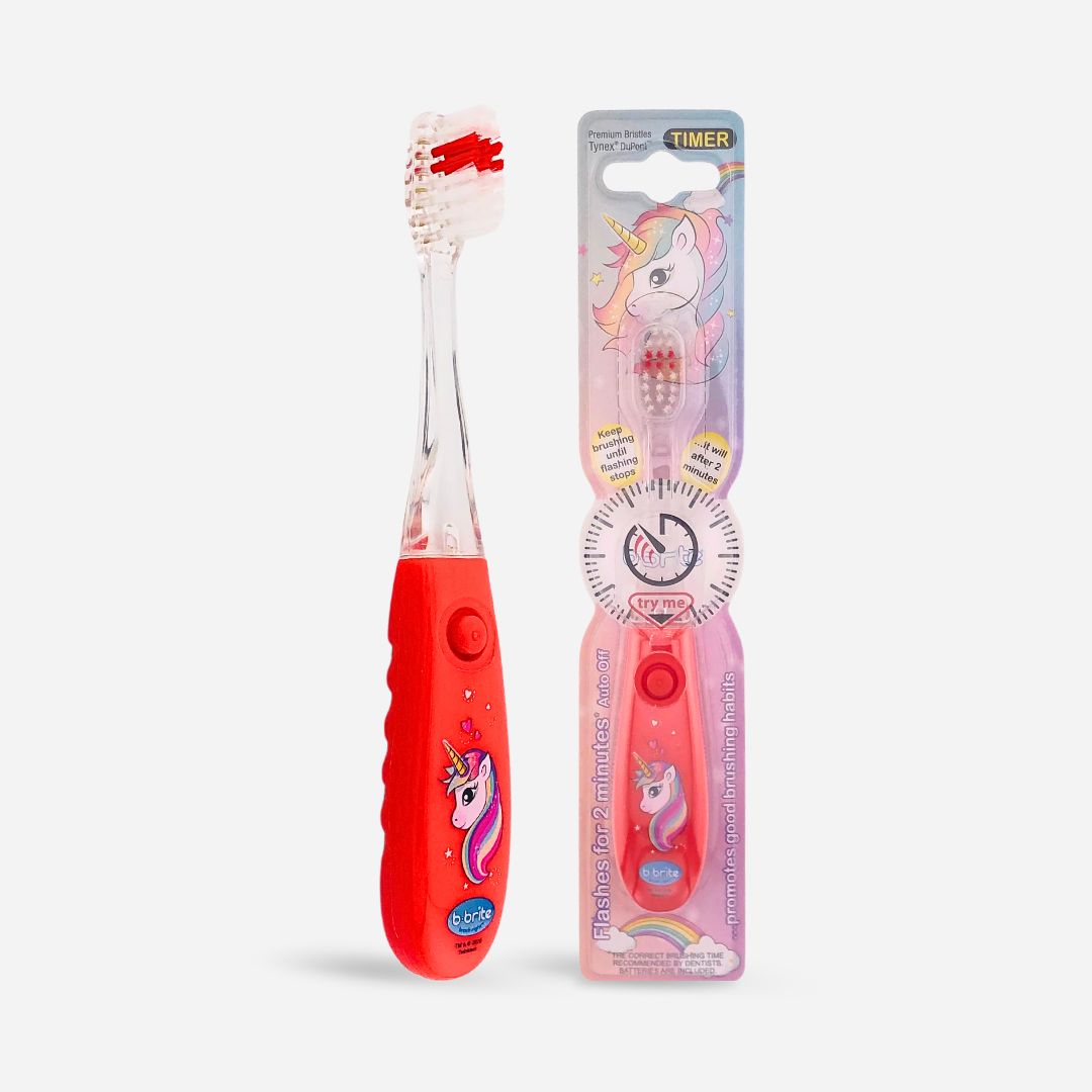 Flashing Glow Toothbrush for Kids – 2-Min Timer Brush Red Unicorn - B-Brite