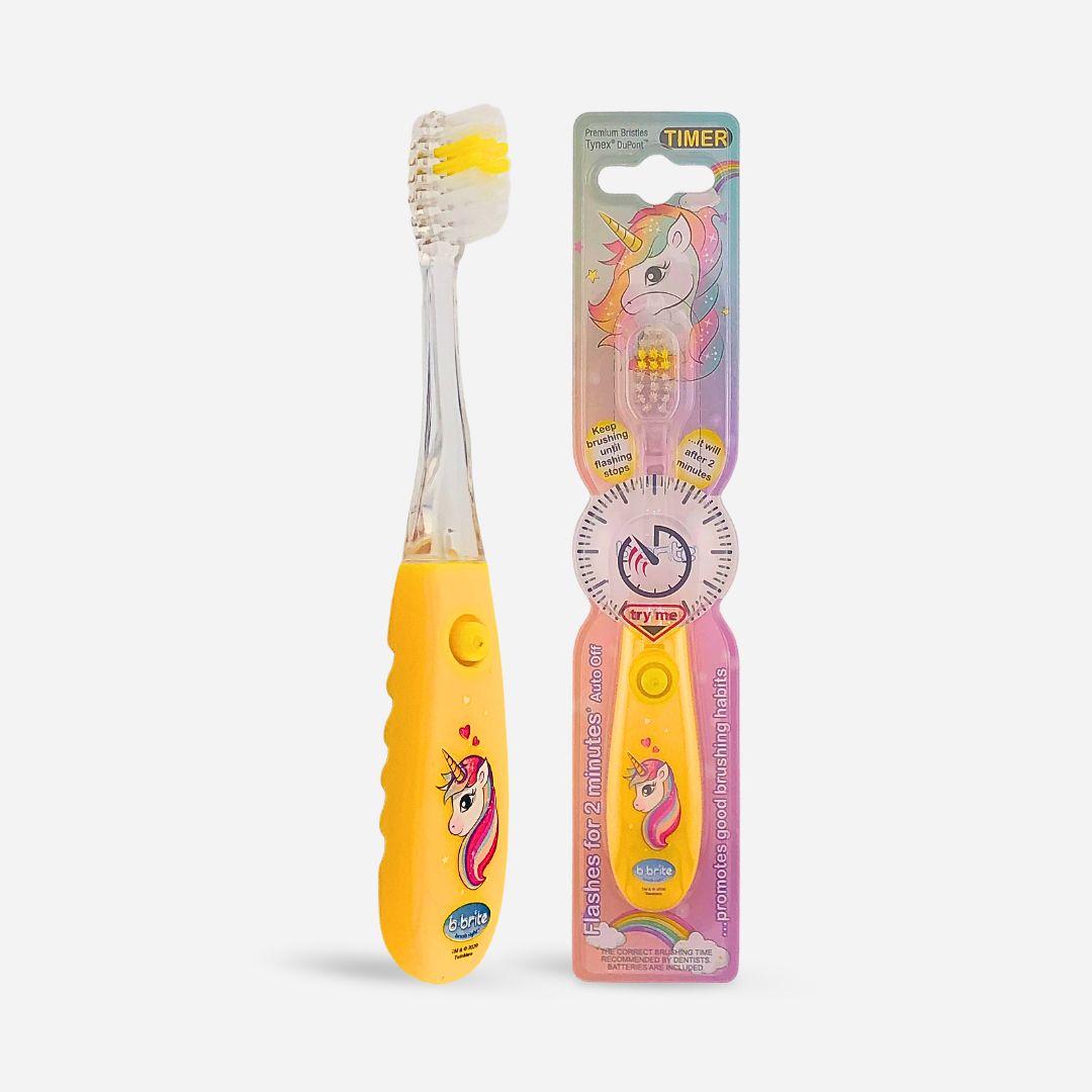 Flashing Glow Toothbrush for Kids – 2-Min Timer Brush Yellow Unicorn - B-Brite
