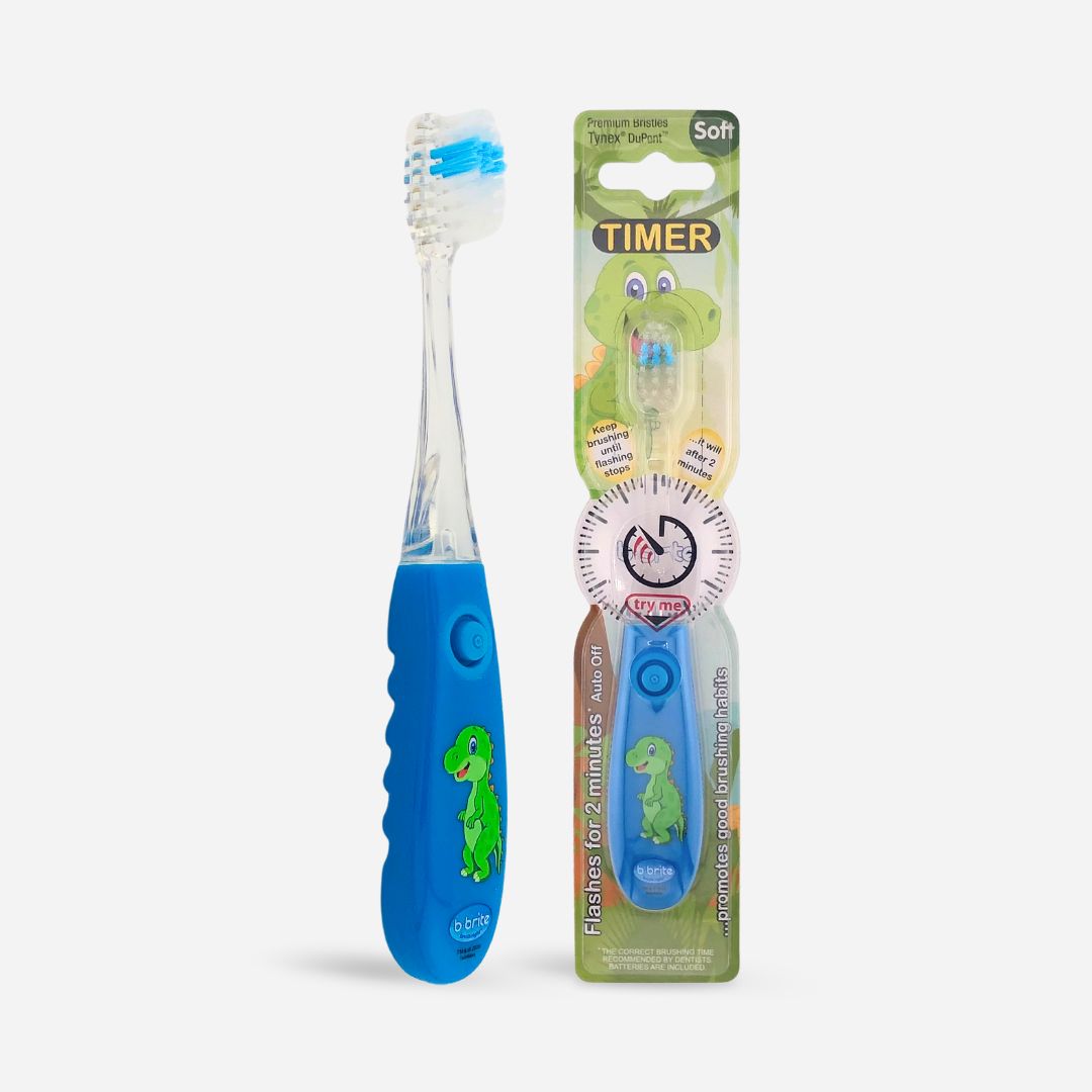 Flashing Glow Toothbrush for Kids – 2-Min Timer Brush Blue Dinosaur - B-Brite
