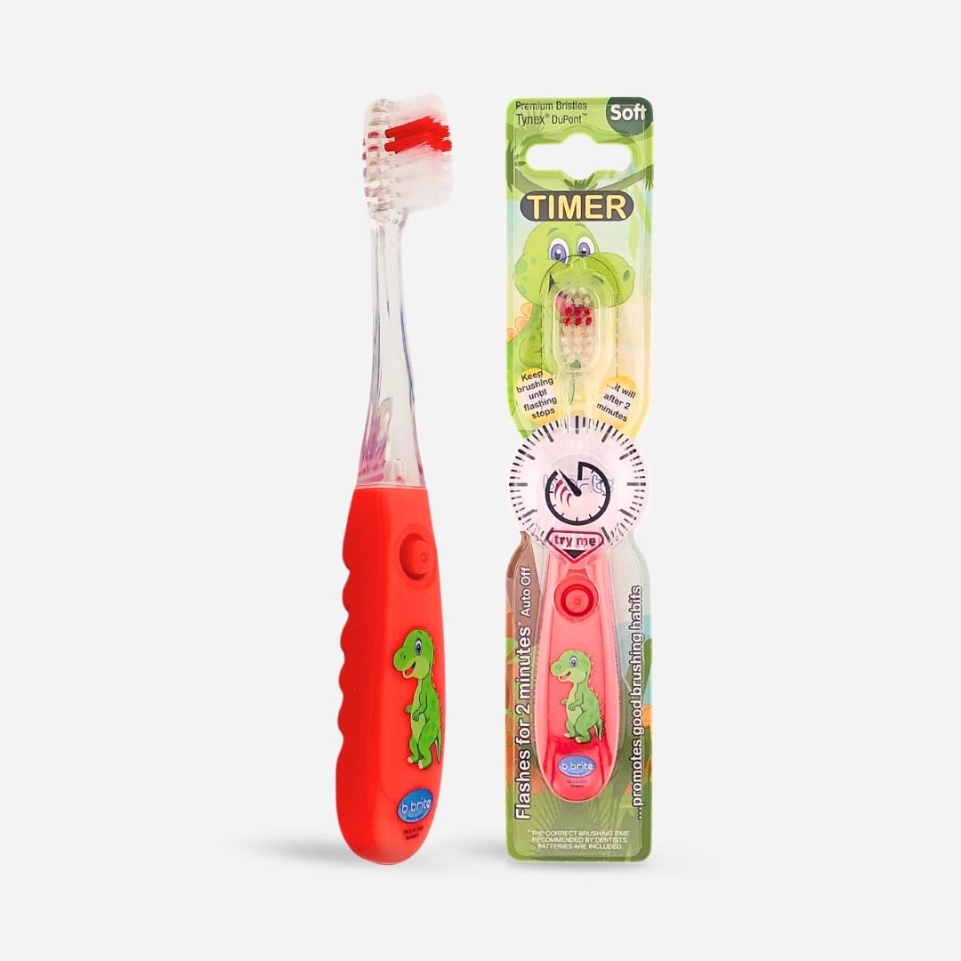 Flashing Glow Toothbrush for Kids – 2-Min Timer Brush Red Dinosaur - B - Brite