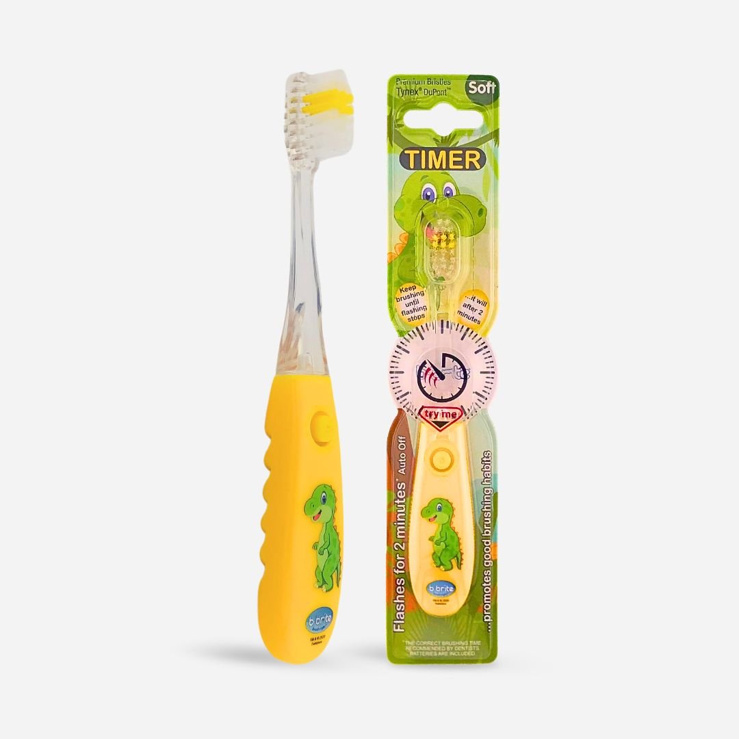 Flashing Glow Toothbrush for Kids – 2-Min Timer Brush Yellow Dinosaur - B - Brite